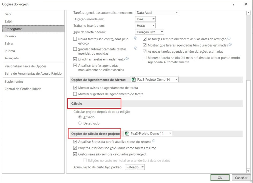Project Desktop - Opcoes do Project - Cronograma 3